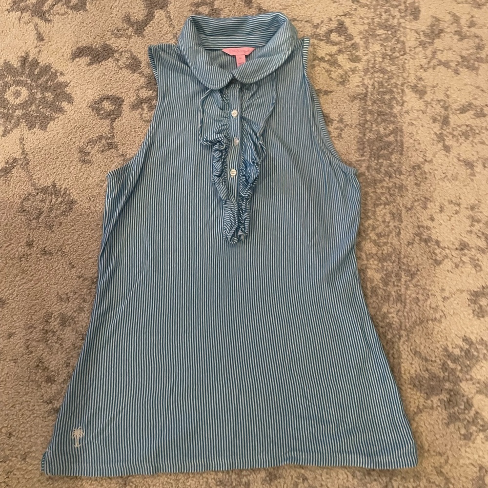 Lilly Pulitzer Blue and White Tank Top with Ruffled Detail